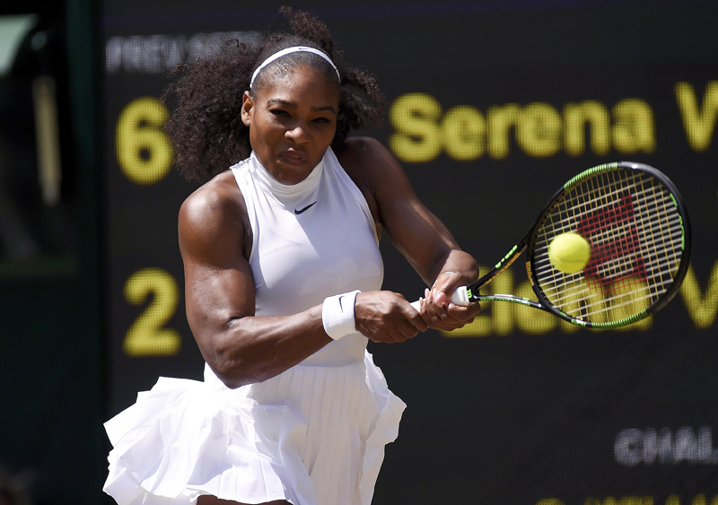 USA's Serena Williams in action against Russia's Elena Vesnina at All England Lawn Tennis &amp; Croquet Club, Wimbledon, England, on Thursday, July 7, 2016. Photo: Reuters
