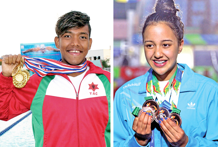 File photo of Swimmers Shirish Gurung and Gaurika Singh. Photos: THT