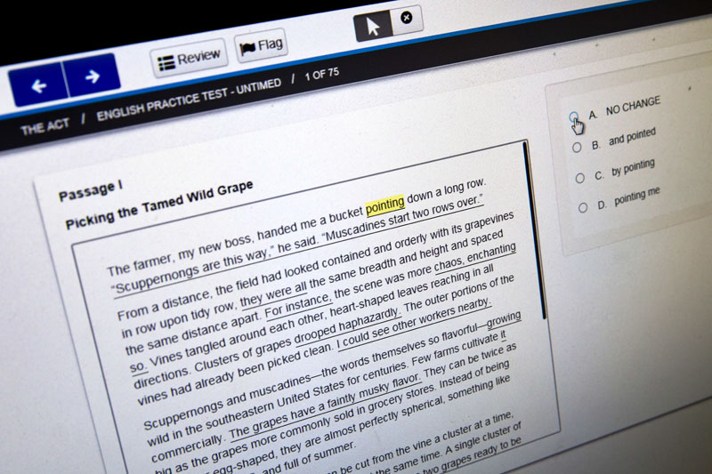 FILE - A computer-based practice ACT English test is displayed on a computer monitor in Washington, on  May 6, 2015. Photo: AP
