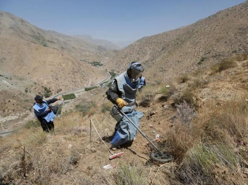 A member of a demining organisation uses a metal detector to search for unexploded ordance in Salang district of Parwan province, Afghanistan, on August 1, 2016. Photo: Reuters
