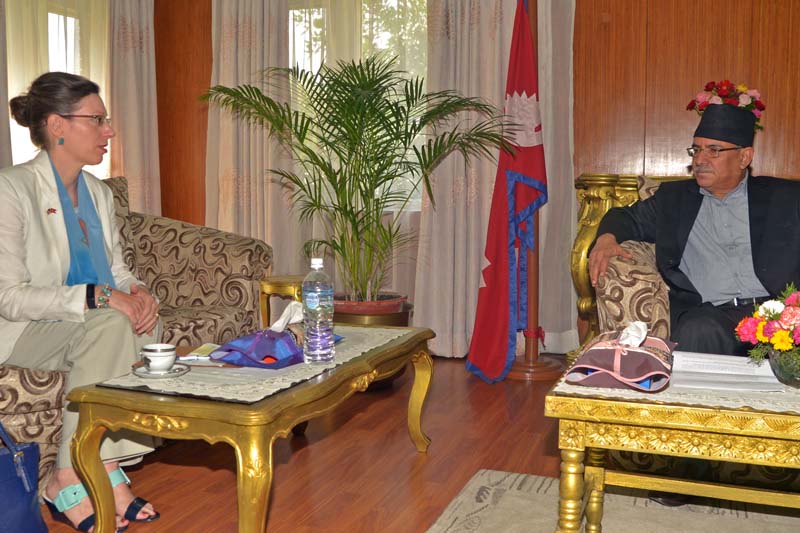 US Ambassador to Nepal Alaina B Teplitz in a meeting with Prime Minister Pushpa Kamal Dahal in latteru0092s official residence, Baluwatar, on Monday, August 8, 2016. Photo Courtesy: Dahal's Secretariat