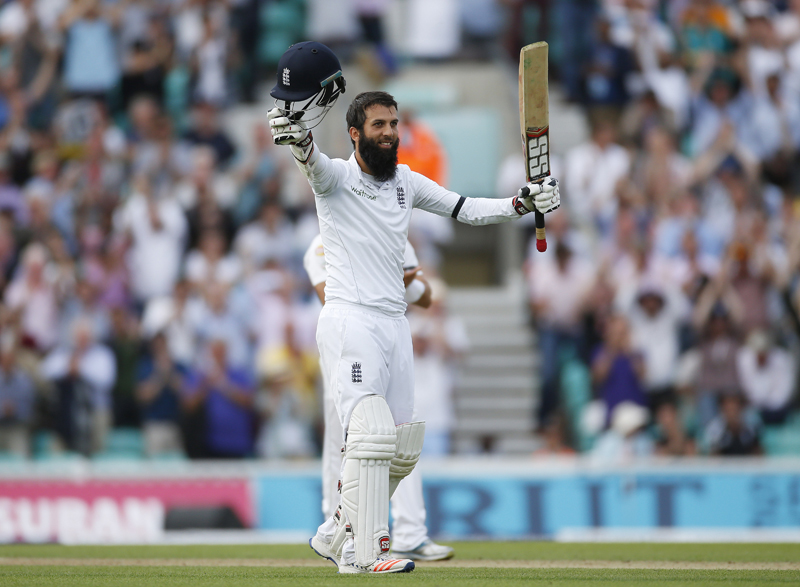 England's Moeen Ali celebrates his century nduring Fourth and final test match against Pakistan at the Oval, on Thursday, August 11, 2016. Photo: Reuters