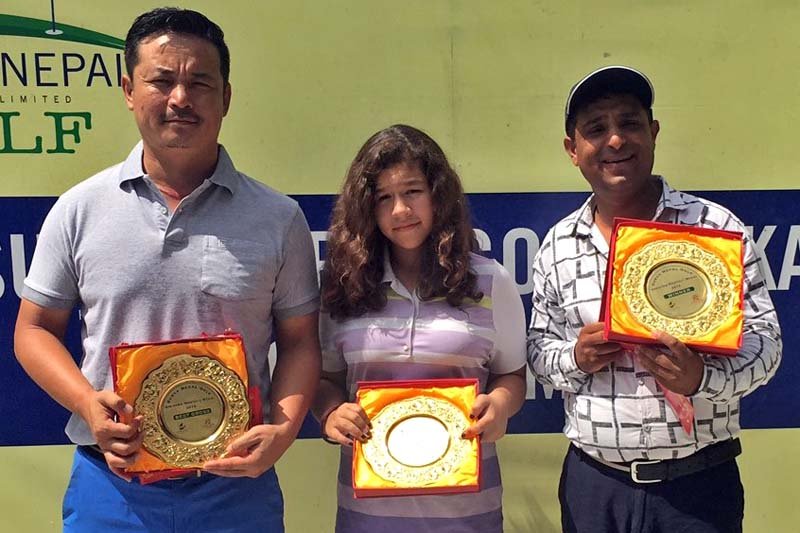 (From left) Jigmay Dongstetsang, Devasri Rana and Athma Ram Simkhada pose for a photograph after the Surya Nepal Gokarna Monthly Medal, in Kathmandu, on Saturday, August 20, 2016