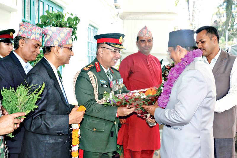 Chief of Army Staff Rajendra Chhetri welcoming newly appointed Defence Minister Bal Krishna Khand (second from right) at the defence ministry, in Singha Durbar, on Friday, August 26, 2016. Photo: RSS