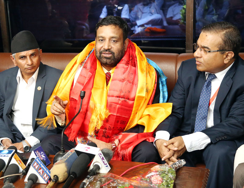 Deputy Prime Minister Bimalendra Nidhi talking to the media at the Tribhuvan International Airport after returning from his visit to India as Prime Minister Pushpa Kamal Dahal's special, on Tuesday, August 23, 2016. Photo: RSS
