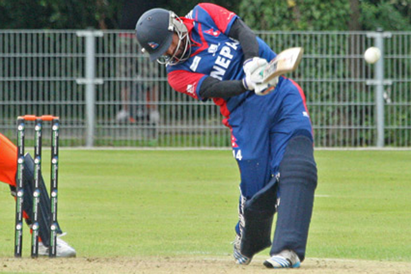 Nepal's Binod Bhandari plays a slog shot against the Netherlands during ICC World Cricket League Championships at Amsteelveen, Netherlands, on Saturday, August 13, 2016. Photo: Cricket Europe
