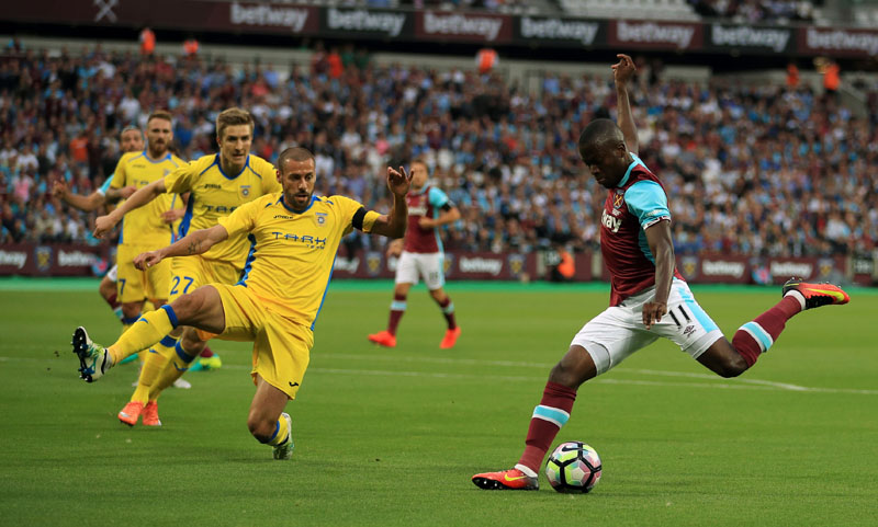West Ham United's Enner Valencia has a shot at goal against Nk Domzale during their Europa League, Third Qualifying Round, Second Leg soccer match at the London Stadium, on Thursday August 4, 2016. Photo: John Walton / PA via AP