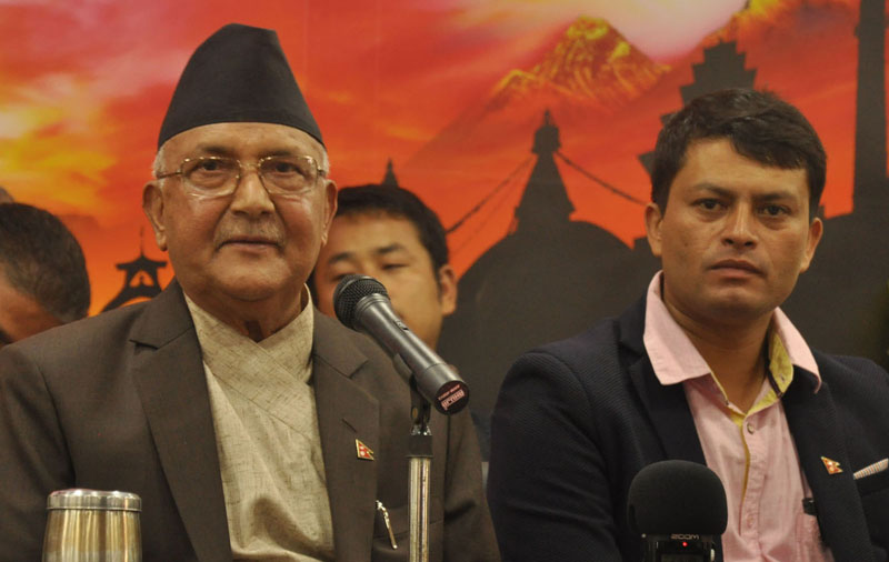 Immediate past Prime Minister and CPN-UML Chairman KP Sharma Oli speaks at an interaction, in Kathmandu, on Wednesday, August 10, 2016. Photo: RSS
