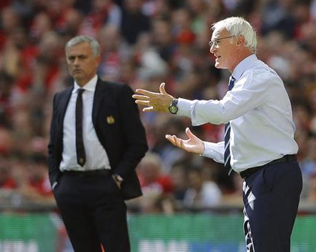 Leicester's Team Manager Claudio Ranieri, right, and Manchester United's Tema Manager Jose Mourinho react during the Community Shield soccer match between Leicester and Manchester United at Wembley stadium in London, Sunday, Aug. 7, 2016 . AP