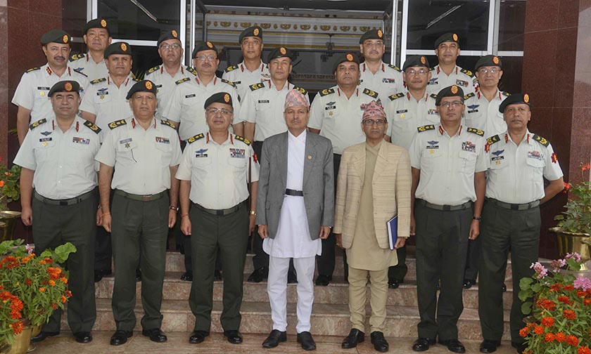 DPM Bhim Rawal with Defence Secretary and top officials of Nepal Army at the Nepal Army headquarters in Kathmandu. Photo: DPR/Nepal Army