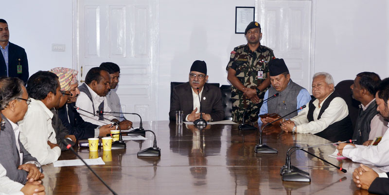 Prime Minister Pushpa Kamal Dahal meets a delegation from United Political Dalit Struggle Committee at PM's official residence in Baluwatar, Kathmandu, on August 24, 2016. The Dalit Struggle Committee has been demanding a fair investigation into the alleged murder of Ajit Mijar, a youth belonging to the Dalit community after he committed an inter-caste marriage. Photo: PM's Secretariat