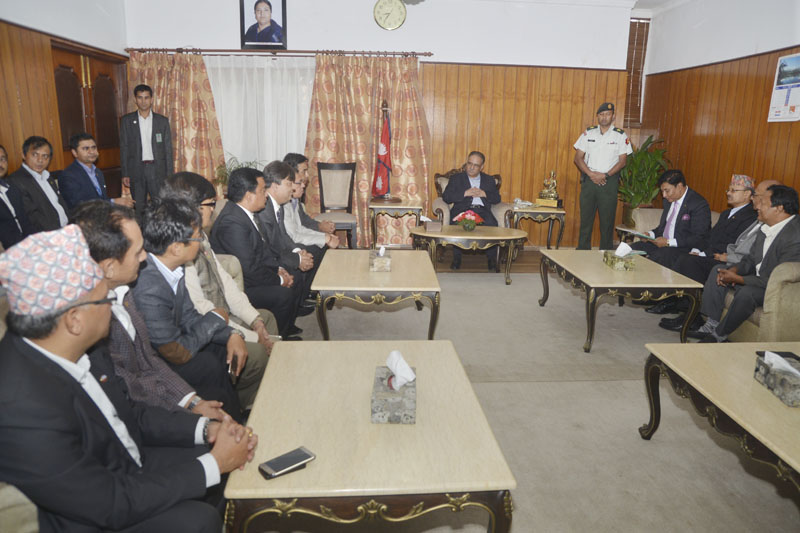 Prime Minister Pushpa Kamal Dahal addresses the delegates from Nepal Chamber of Commerce at the PM's official residence, Baluwatar, on August 15, 2016. Photo: PM's Secretariat