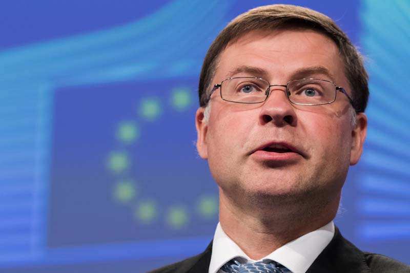 File- European Commissioner for Euro and Social Dialogue Valdis Dombrovkis addresses the media at EU headquarters in Brussels, on July 27, 2016. Photo: AP