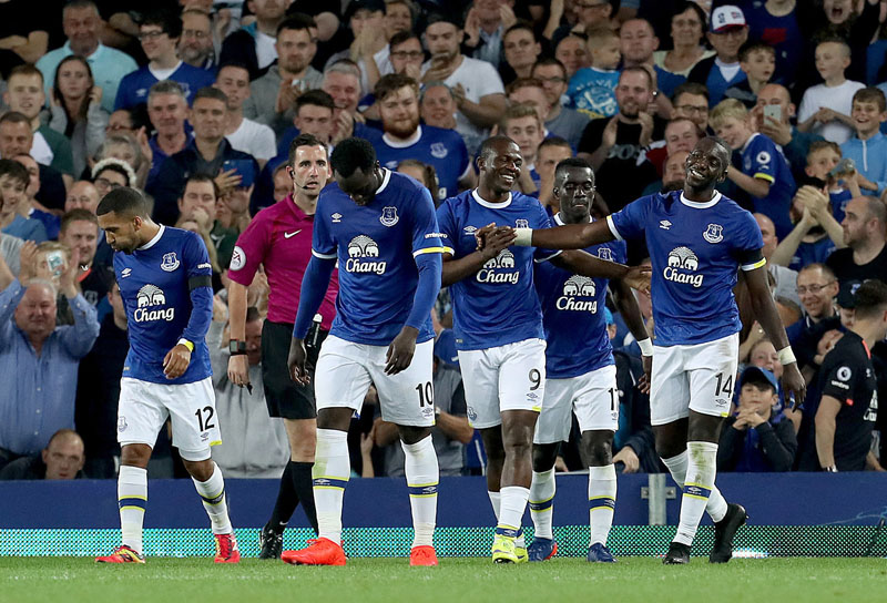 Everton's Arouna Kone (third right) celebrates scoring his side's third goal during the English League Cup, second round soccer match at Goodison Park, Liverpool, on Tuesday, August 23, 2016. Photo: Pete Byrne/PA via AP