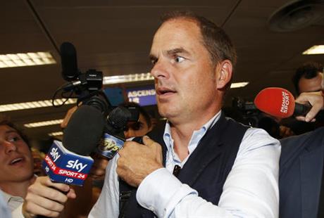 Dutch football manager Frank de Boer arrives at the Milan's Linate airport, Italy, Monday, Aug. 8, 2016. De Boer is to meet Inter Milan officials as he is expected to replace Roberto Mancini, who officially resigned today, as the new coach of the Milanese team. AP