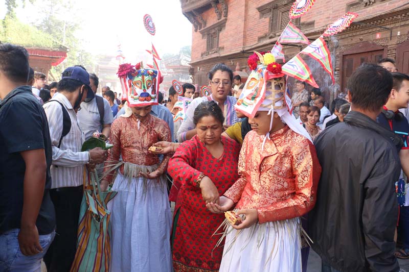 Revellers carry out a procession to mark the annual Gaijatra Festival in Basantapur, Kathmandu on Friday, August 19, 2016. Photo: RSS