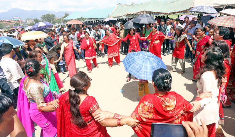 Women seen dancing on the occasion of Gaura Parba at Tundikhel, Kathmandu, on Thursday, August 25, 2016. Photo: RSS