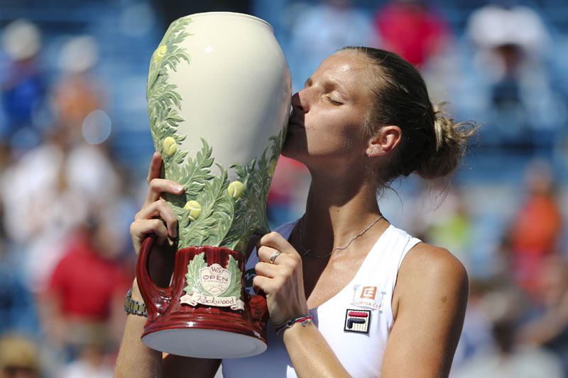 Karolina Pliskova (CZE) poses with the Rookwood Cup after defeating Angelique Kerber (GER) in the finals during the Western and Southern tennis tournament at Linder Family Tennis Center in Mason, Ohio on August 21, 2016. Photo:  Aaron Doster/USA TODAY Sports via Reuters