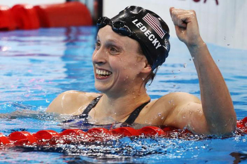 USA's Katie Ledecky reacts after winning and setting a new world record in the 800 meters freestyle during 2016 Rio Olympics in Rio de Janeiro, Brazil, on August 12, 2016. Photo: Reuters