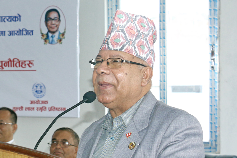 FILE: CPN-UML senior leader Madhav Kumar Nepal speaking at a programme in Kathmandu, on Monday, August 1, 2016. Photo: RSS