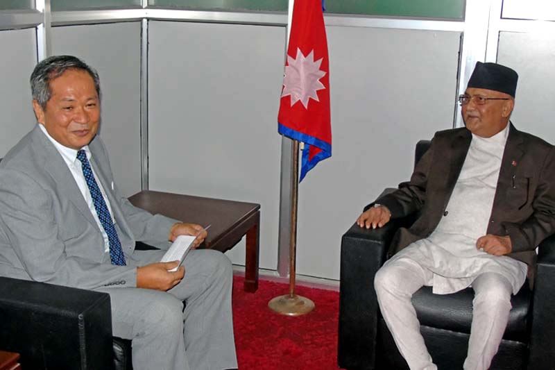 Japanese ambassador Masashi Ogawa in a meeting with CPN-UML Chairman KP Sharma Oli in Kathmandu, on Monday, August 8, 2016. Photo Courtesy: Oli's Secretariat