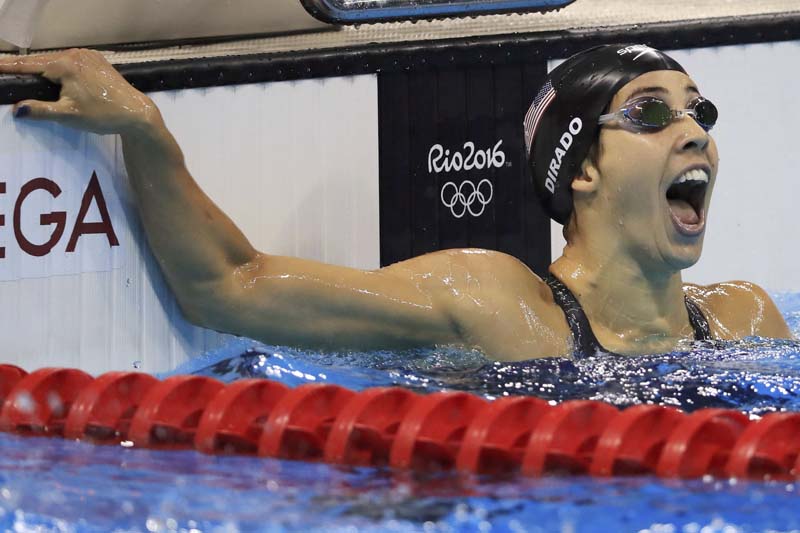 Maya DiRado of USA reacts after winning the gold in Women's 200m Backstroke Final of Rio Olympics 2016 at the Olympic Aquatics Stadium, in Rio de Janeiro, Brazil on Friday, August 12, 2016. Photo: Reuters