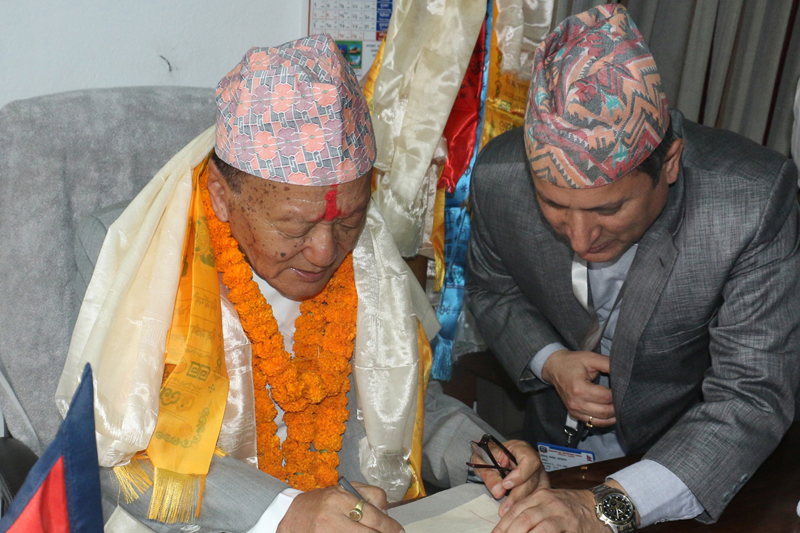 Newly appointed Minister for Labour and Employment Surya Man Gurung assumes his office in Kathmandu, on Friday, August 26, 2016. Photo: RSS