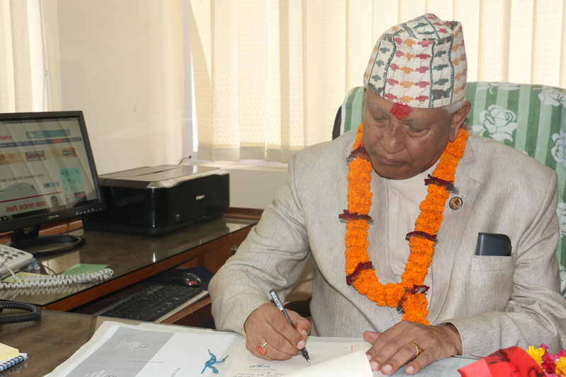 Newly appointed Minister for Urban Development Arjun Narsingha KC assumes his office, in Kathmandu, on Friday, August 26, 2016. Photo: RSS