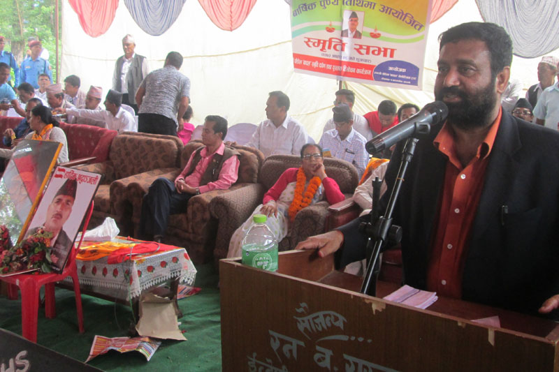 Nepali Congress leader Bimalendra Nidhi speaks at a party function in Lekhanath of Kaski district, on Friday, August 12, 2016. Photo: Rishi Ram Baral