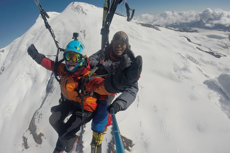 Nepali paraglider Sanobabu Sunuwar begins his paragliding flight from the peack of the highest mountain of Europe, Mt Elbrus, on Wednesday, July 27, 2016. Courtesy: Sanobabu Sunuwar
