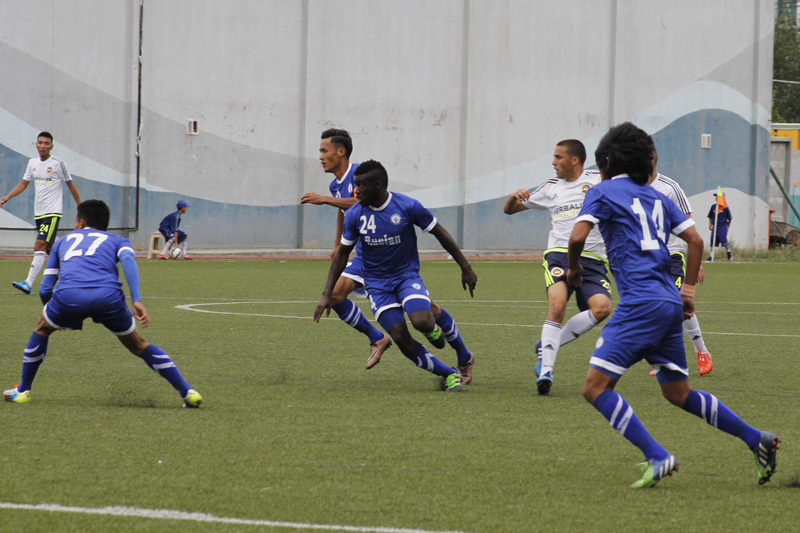 Nepal's Three Star Club (in blue) play against Mongolia's Erchim Football Club, in Ulaanbaatar, the capital of Mongolia, on Sunday, August 21, 2016. Photo: NSJF