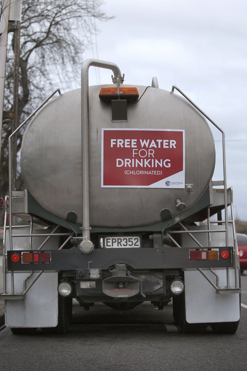 A Hastings District Council water tanker with free water is seen on Campbell St, in Havelock North, after a gastro outbreak in Havelock North, from the Hastings District Council water supply, on Thursday, August 18, 2016.  Photo: Duncan Brown/New Zealand Herald via AP
