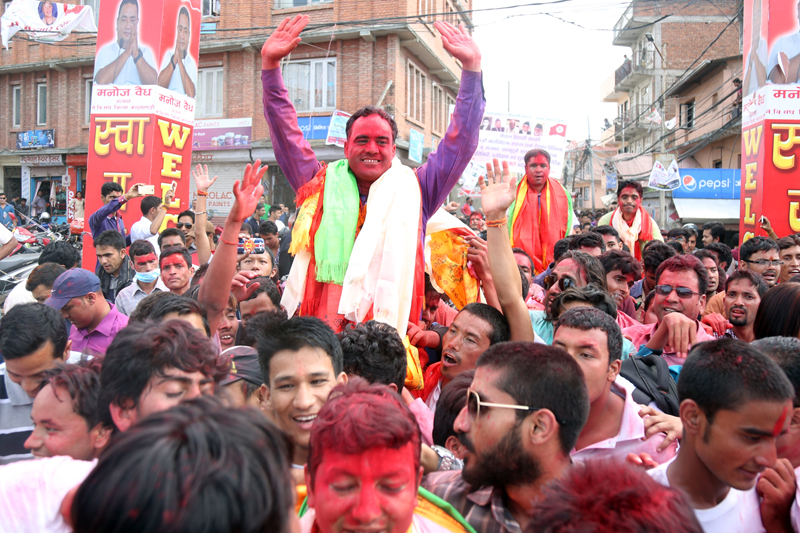 Newly elected Nepal Students Union President Nainsingh Mahar greets his supporters after his election, in Kathmandu, on Thursday, August 18, 2016. Photo: RSS