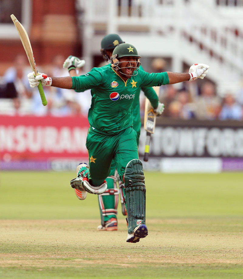 Pakistan's Sarfraz Ahmed celebrates his century during the Royal London One Day International Series match against England at Lord's Ground in London, on Saturday August 27, 2016. Photo: Adam Davy/PA via AP