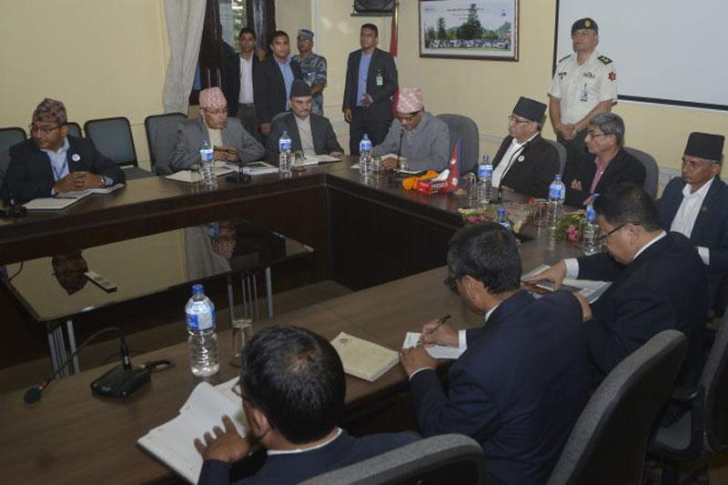 Prime Minister Pushpa Kamal Dahal holds a meeting with Chief Election Commissioner Ayodhi Prasad Yadav and officials of the Election Commission, in Kathmandu, on Monday, August 22, 2016. Photo: PM's Secretariat