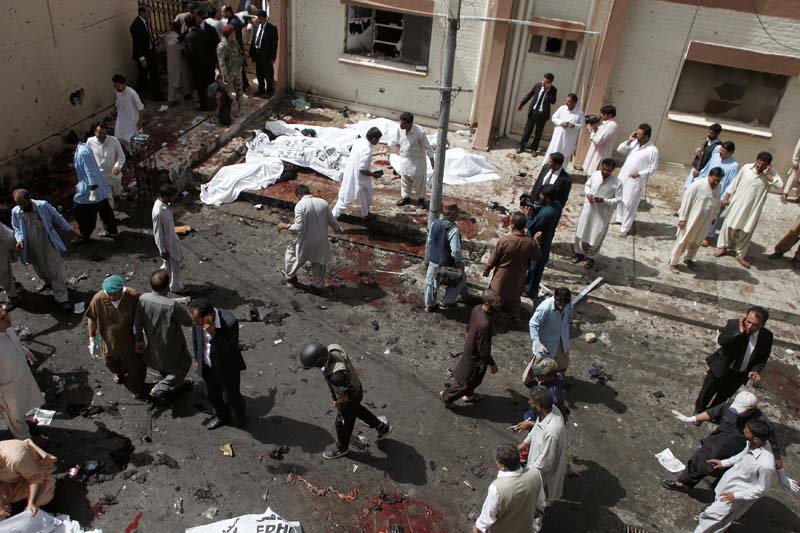 File- An overview of the scene of a bomb blast outside a hospital in Quetta, Pakistan, on August 8, 2016. Photo: Reuters/Naseer Ahmed