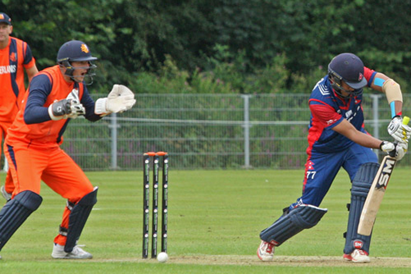 Nepal's Paras Khadka defends during the ICC World Cricket League Championship in Amsteelveen, Netherlands, on Saturday, August 13, 2016. Courtesy: Cricket Europe