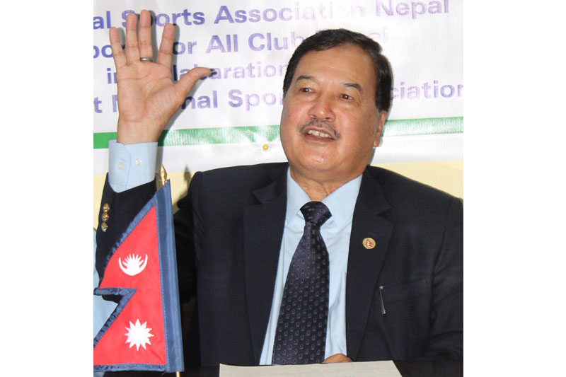 FILE - President of Sports For All Club Lok Bahadur Shahi gestures during a press meet in Kathmandu, on Monday August 1, 2016. Photo: THT