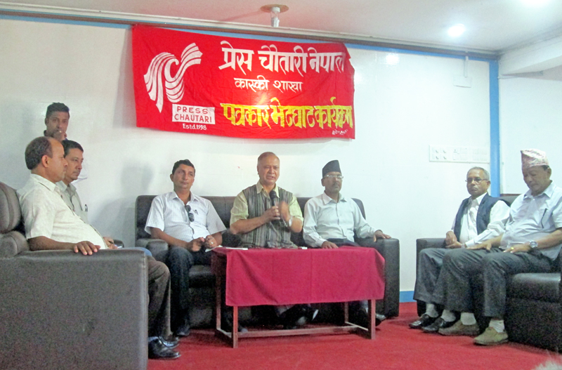 CPN-UML leader Raghuji Panta speaking at a press meet organised by Press Chautari, nin Pokhara, on Sunday, August 14, 2016. Photo: THT