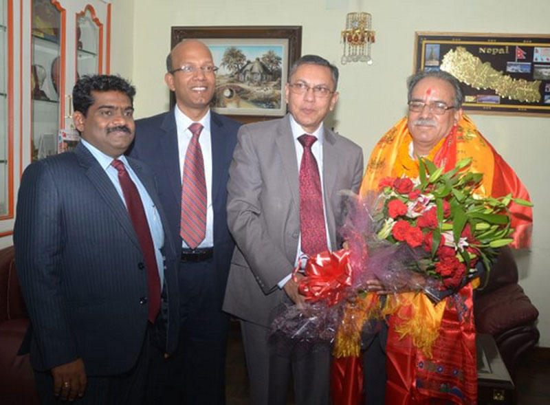 Indian Ambassador to Nepal Ranjit Rae congratulates new elected Prime Minister Pushpa Kamal Dahal, on Thursday, August 04, 2016. Photo: Dahal's Secretariat