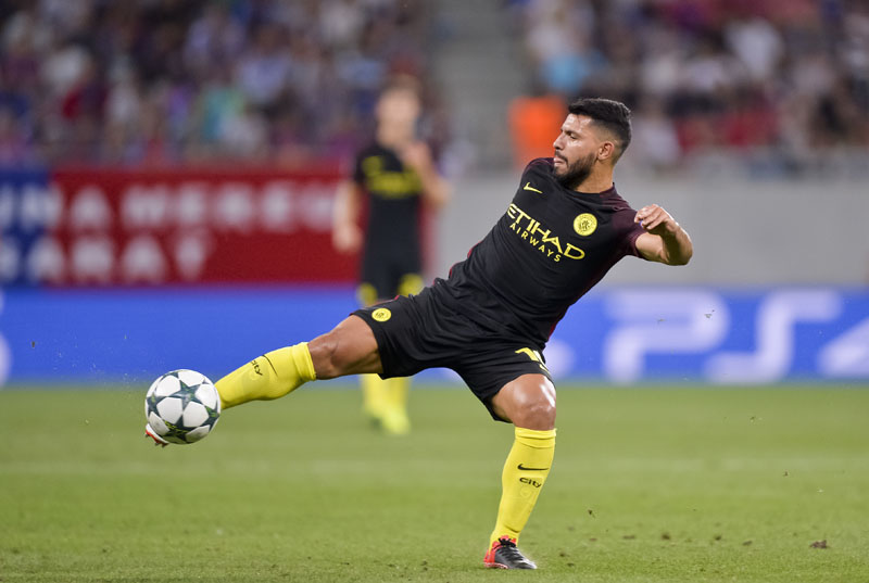 Manchester City's Sergio Aguero kicks the ball during the Champions League qualifying playoffs first leg soccer match against Steaua Bucharest, at the National Arena Stadium in Bucharest, Romania, on Tuesday, August 16, 2016. Photo: AP