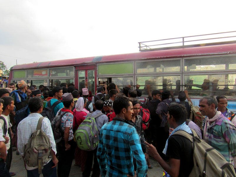 Nepali youth ready to leave for India in search of employment at Rupadiha border, in August 2016. Photo: Prakash Singh