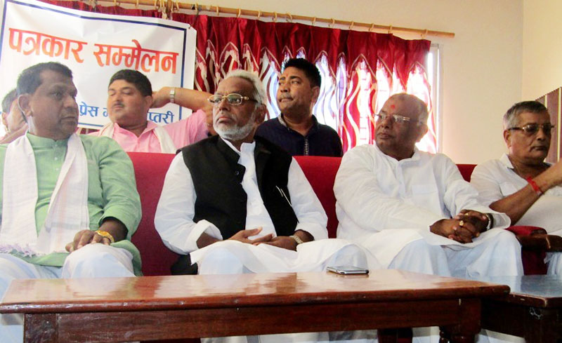 Sadbhawana Party Chairperson Rajendra Mahato and other Madhesi leaders at a press conference in Rajbiraj of Saptari district on Monday, August 1, 2016. Photo: THT