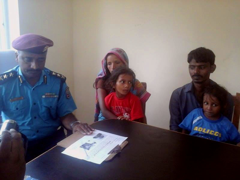 A girl (in red t-shirt), who was abducted yesterday, is rescued safely from a bordering village of India on Thursday, August 18, 2016.  Photo: Byas Shankar Upadhyay