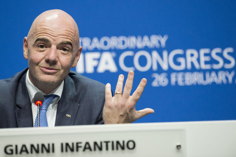 FILE - Swiss Gianni Infantino, then new FIFA President, smiles during the press conference after being elected, at the Extraordinary FIFA Congress 2016 in Zurich, Switzerland on February 26, 2016. Photo: Ennio Leanza/Keystone via AP