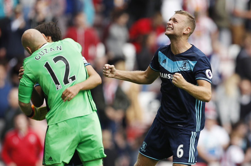 Middlesbrough's Ben Gibson celebrates after winning the game against Sunderland at Stadium of light, on August 21, 2016. Photo: Action Images via Reuters