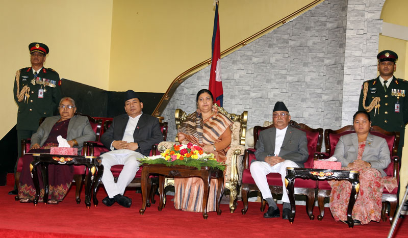 (From left) Chief Justice Sushila Karki, Vice-President Nanda Bahadur Pun, President Bidya Devi Bhandari, Prime Minister KP Sharma Oli and Speaker Onsari Gharti attend a function organised to administer the oath of office and secrecy to the newly appointed Supreme Court justices at Sheetal Niwas on Monday, August 1, 2016. Photo: RSS