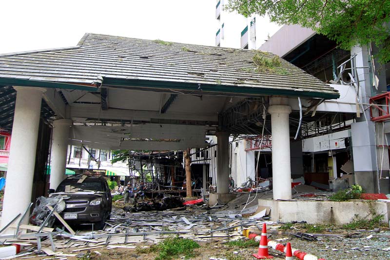 Damage is seen after a blast outside a hotel in the southern province of Pattani, Thailand on Wednesday, August 24, 2016. Photo: AP