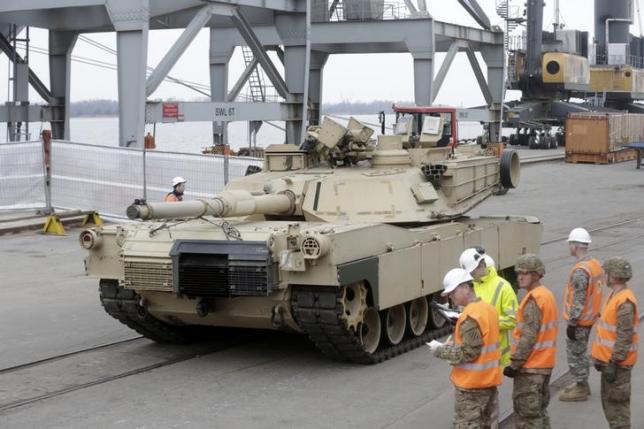 An Abrams main battle tank, for U.S. troops deployed in the Baltics as part of NATO's Operation Atlantic Resolve, leaves Riga port March 9, 2015. REUTERS/Ints Kalnins