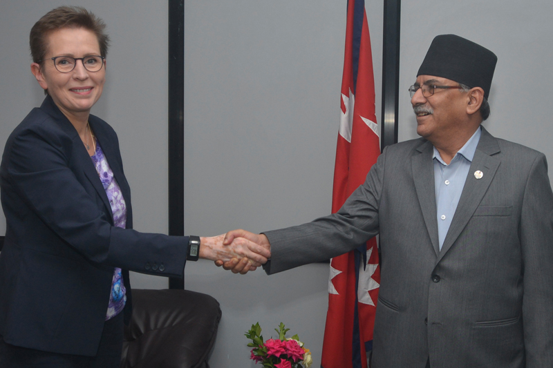 United Nations Resident Coordinator and UNDP Resident Representative in Nepal Valerie Julliand (left) holds a meeting with Prime Minister Pushpa Kamal Dahal, in Kathmandu, on Monday, August 29, 2016. Photo: PM's secretariat